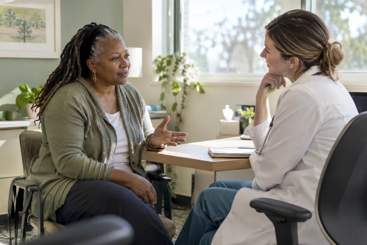 A woman discussing her care with a clinician.