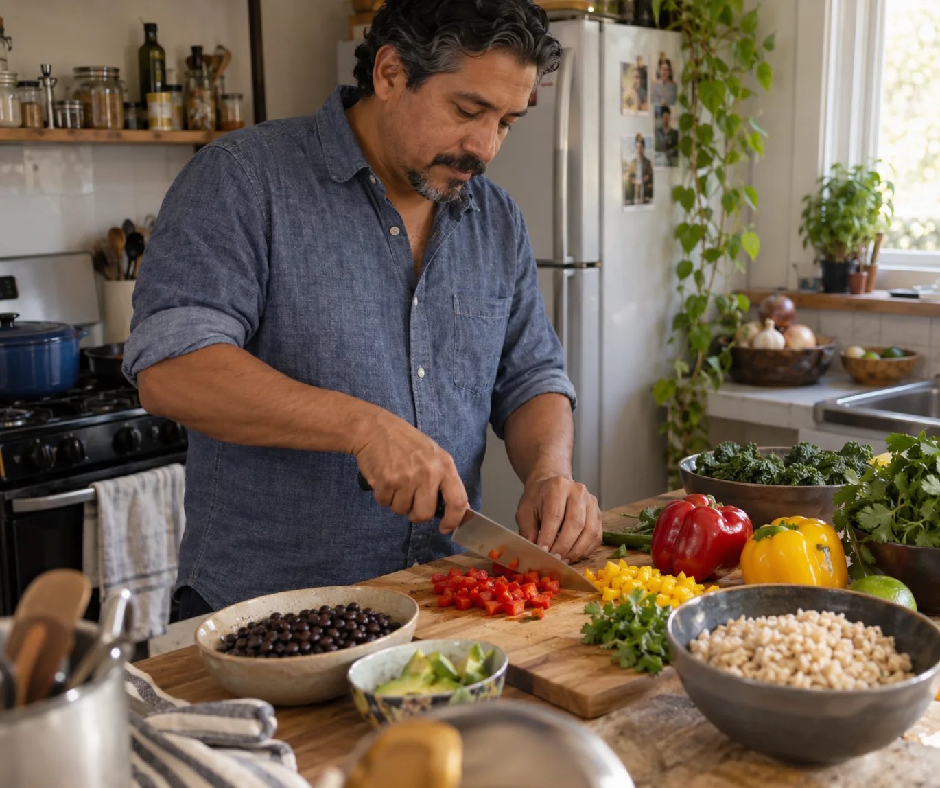 A man preparing vegetables, beans and rice in his kitchen.