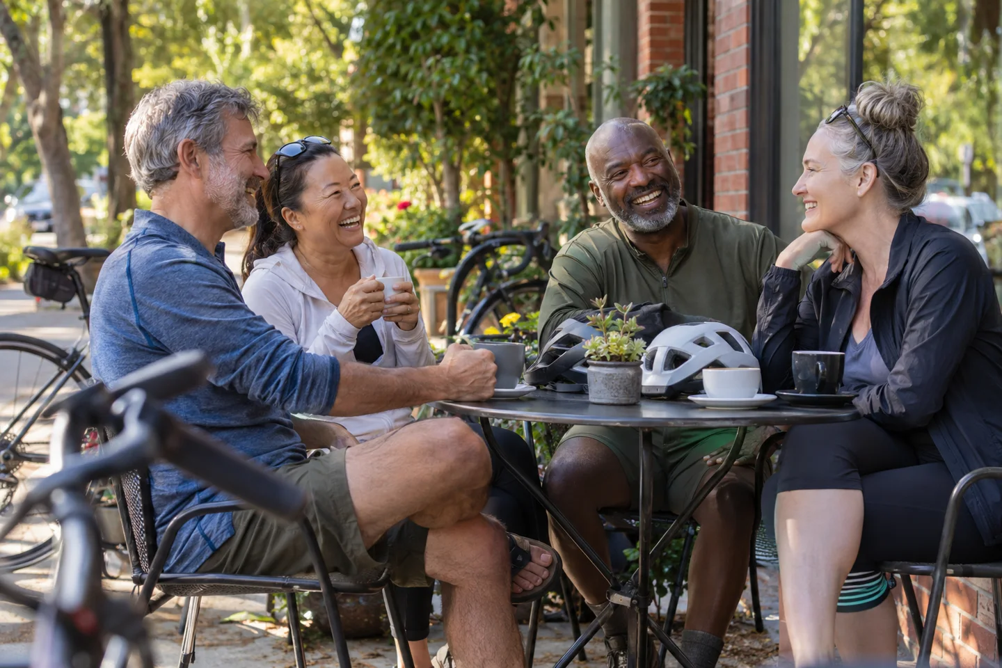Four friends chatting outside a cafe beside their bicycles.