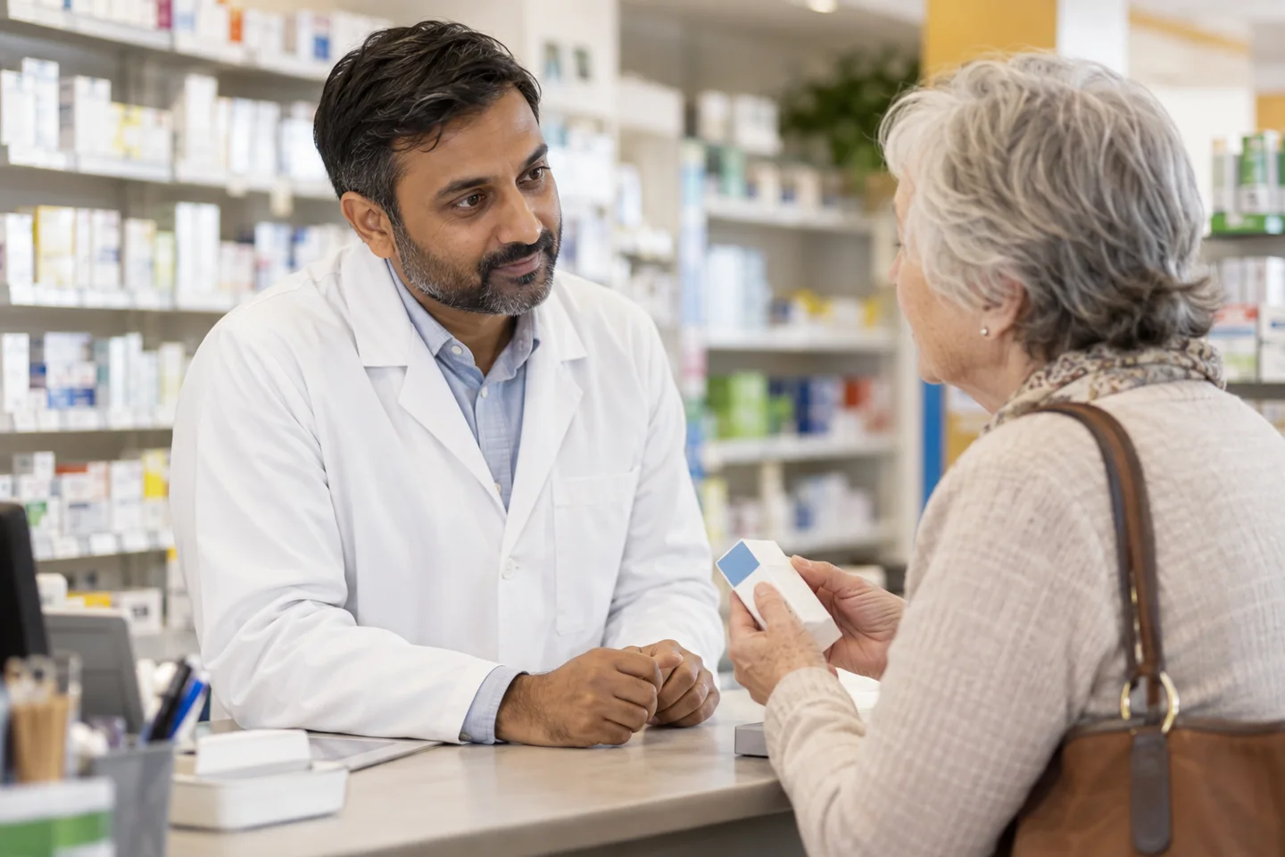 A pharmacist talking with an older customer at a counter.
