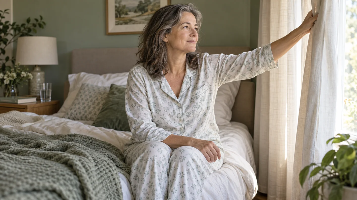 A woman opening the curtains in her bedroom in the morning.