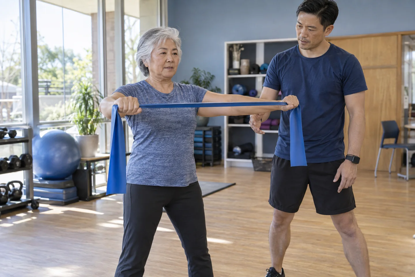 An older woman using a resistance band with an instructor nearby.