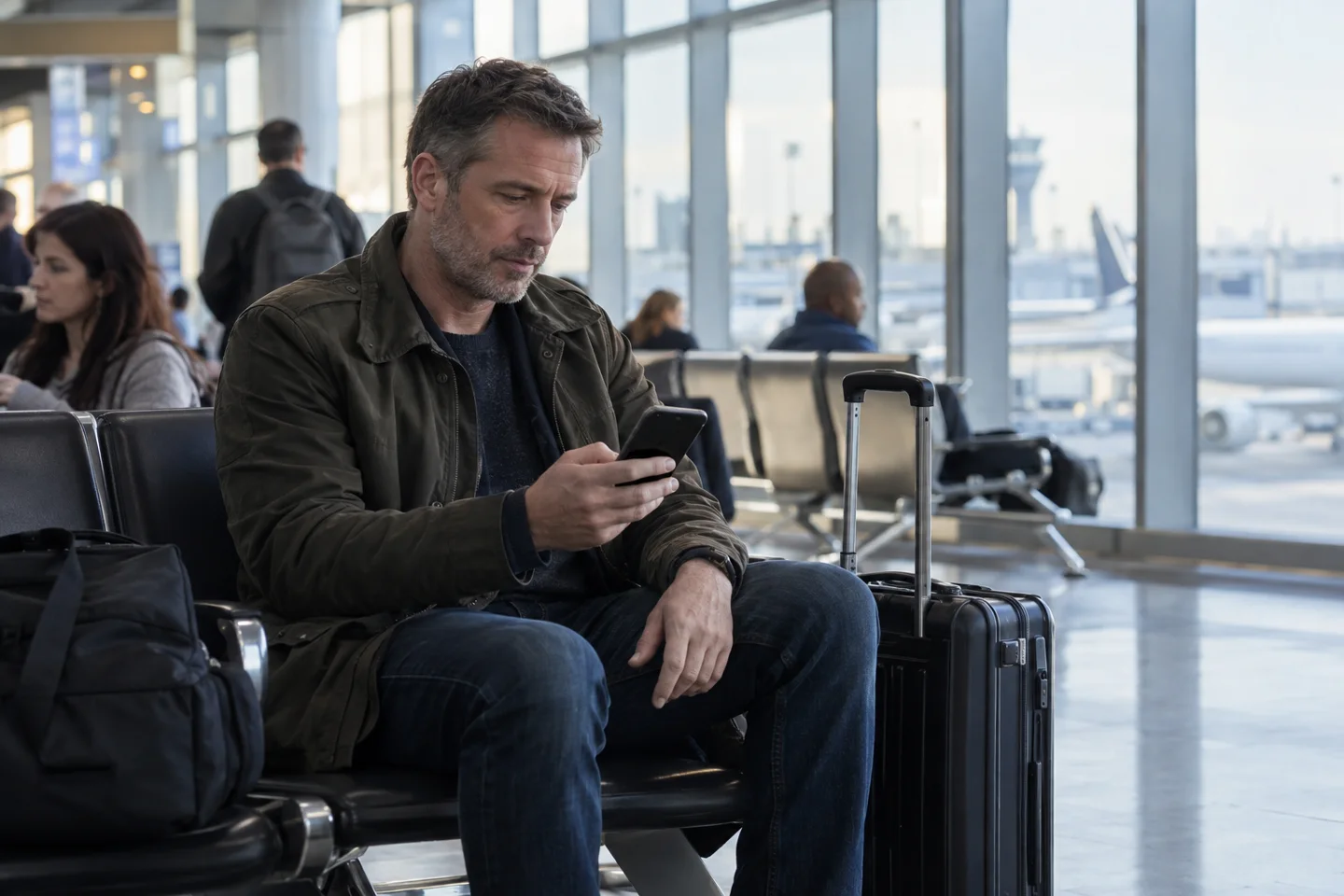 A man with a suitcase checking his phone in an airport lounge.