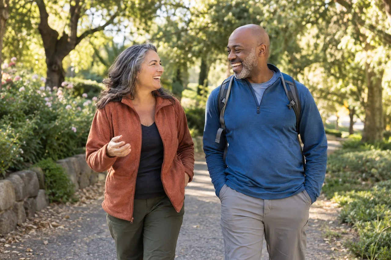 Two midlife adults walking on a leafy path.