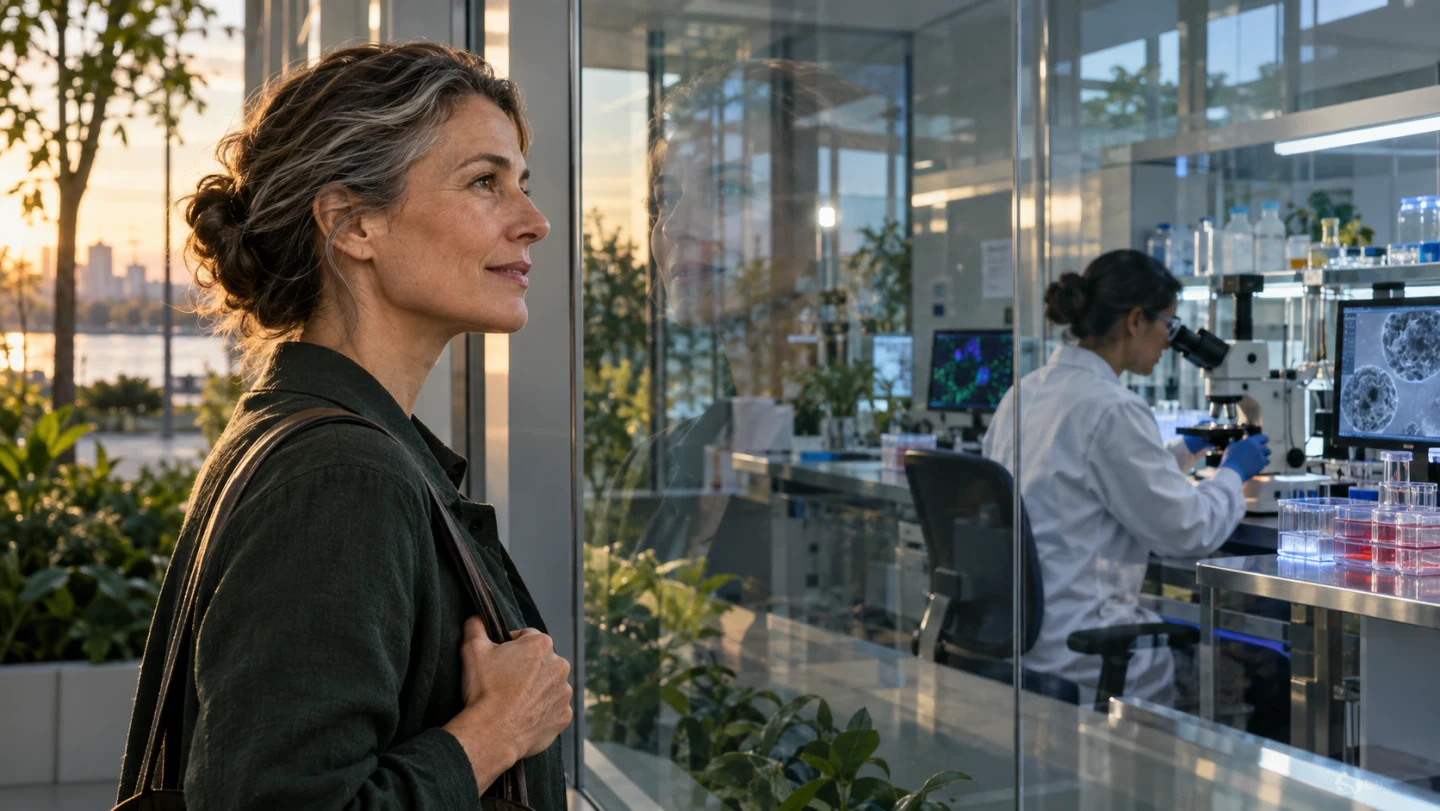 A middle-aged woman looking through glass into a regenerative-medicine laboratory.