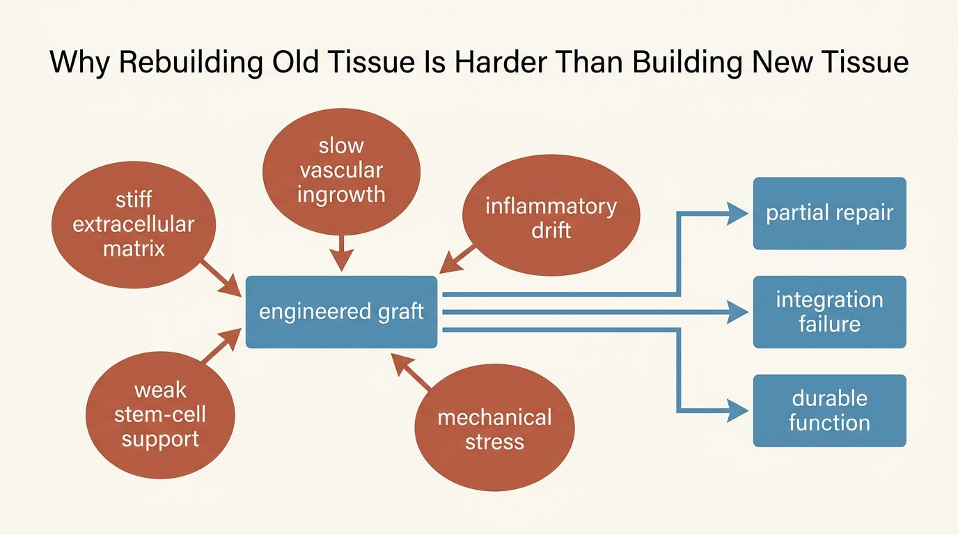 Systems bottleneck map showing aged matrix, low perfusion, inflammatory drift, weak stem-cell support, and mechanical stress constraining tissue-engineering outcomes.