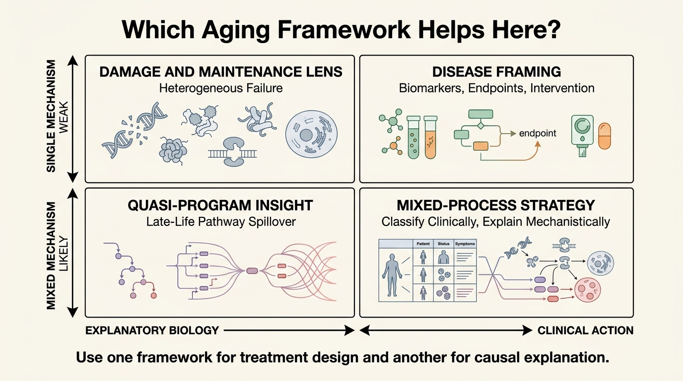 Matrix separating clinical classification, mechanistic drivers, and evolutionary explanations in the aging debate.
