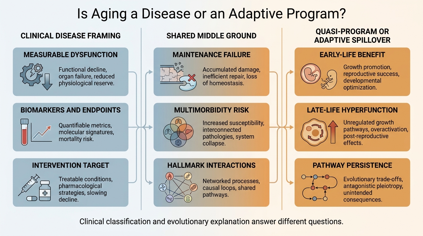 Comparison map separating aging as disease framing, quasi-program or adaptive spillover theories, and the shared middle ground of maintenance failure and intervention targets.