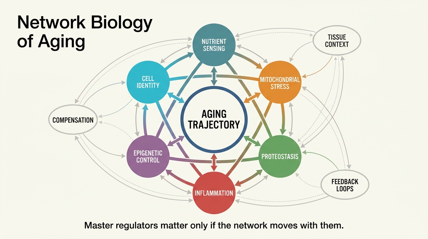 Systems map of aging network regulators with nutrient sensing, mitochondrial stress, proteostasis, inflammation, epigenetic control, and cell identity around a shared aging trajectory hub.