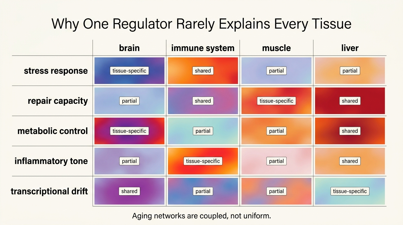 Matrix showing tissue-specific variation in aging network control across brain, immune system, muscle, and liver, with mixed shared and tissue-specific signal patterns.