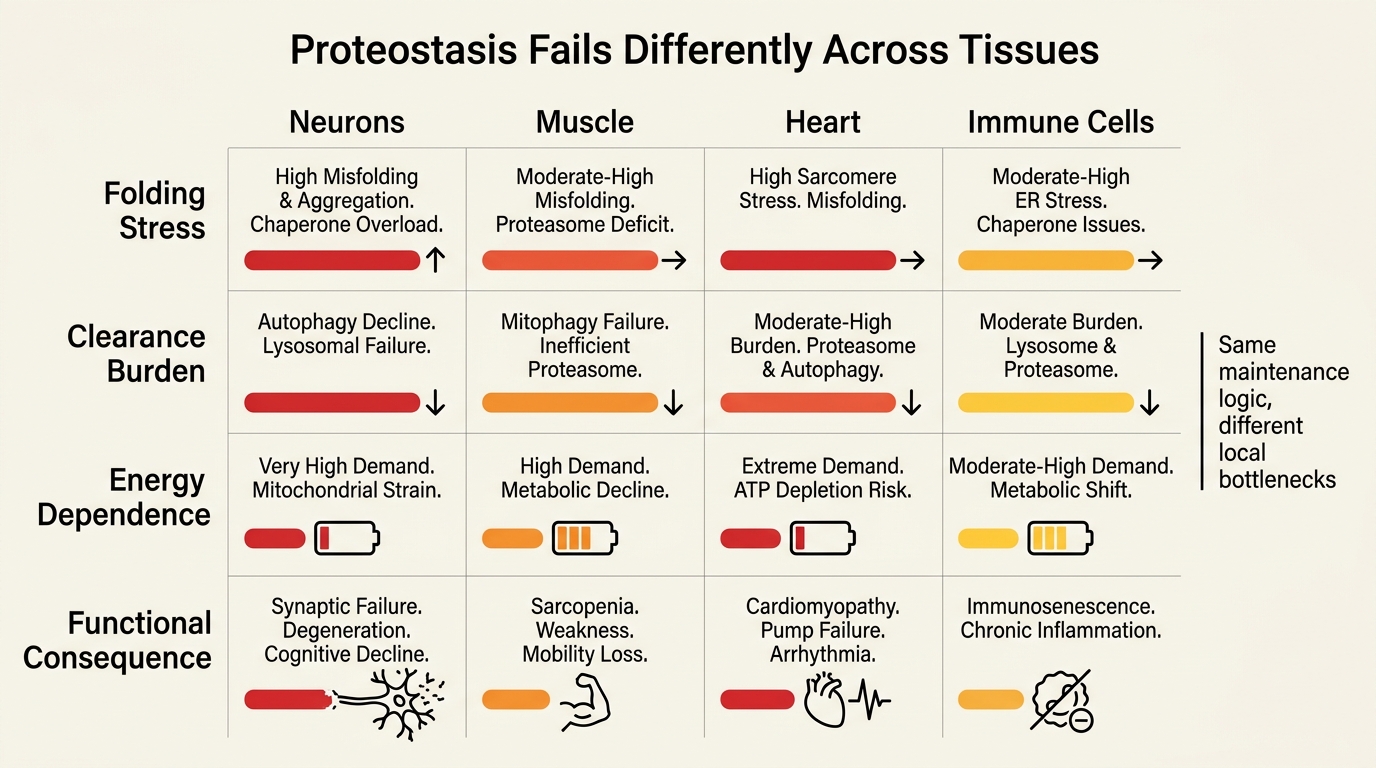 Grid comparing proteostasis bottlenecks across neurons, muscle, heart, and immune cells with different stress and clearance profiles.
