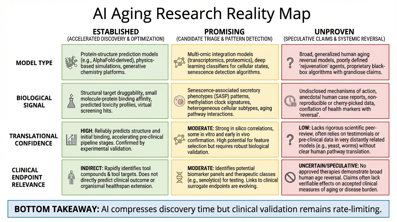 Map of what is proven, promising, and unproven in AI-driven aging research