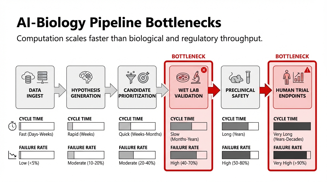 AI-enabled biotech pipeline showing acceleration in discovery and bottlenecks in clinical translation.