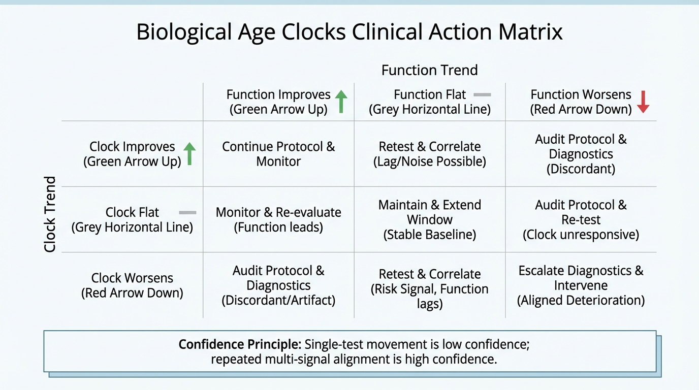 Infographic matrix mapping combinations of clock movement and function trends to confidence and recommended action.