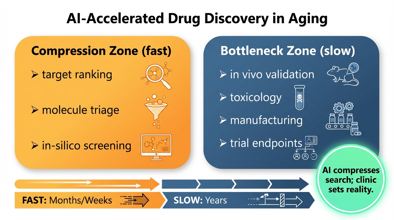 Infographic showing where AI compresses aging drug discovery and where bottlenecks persist