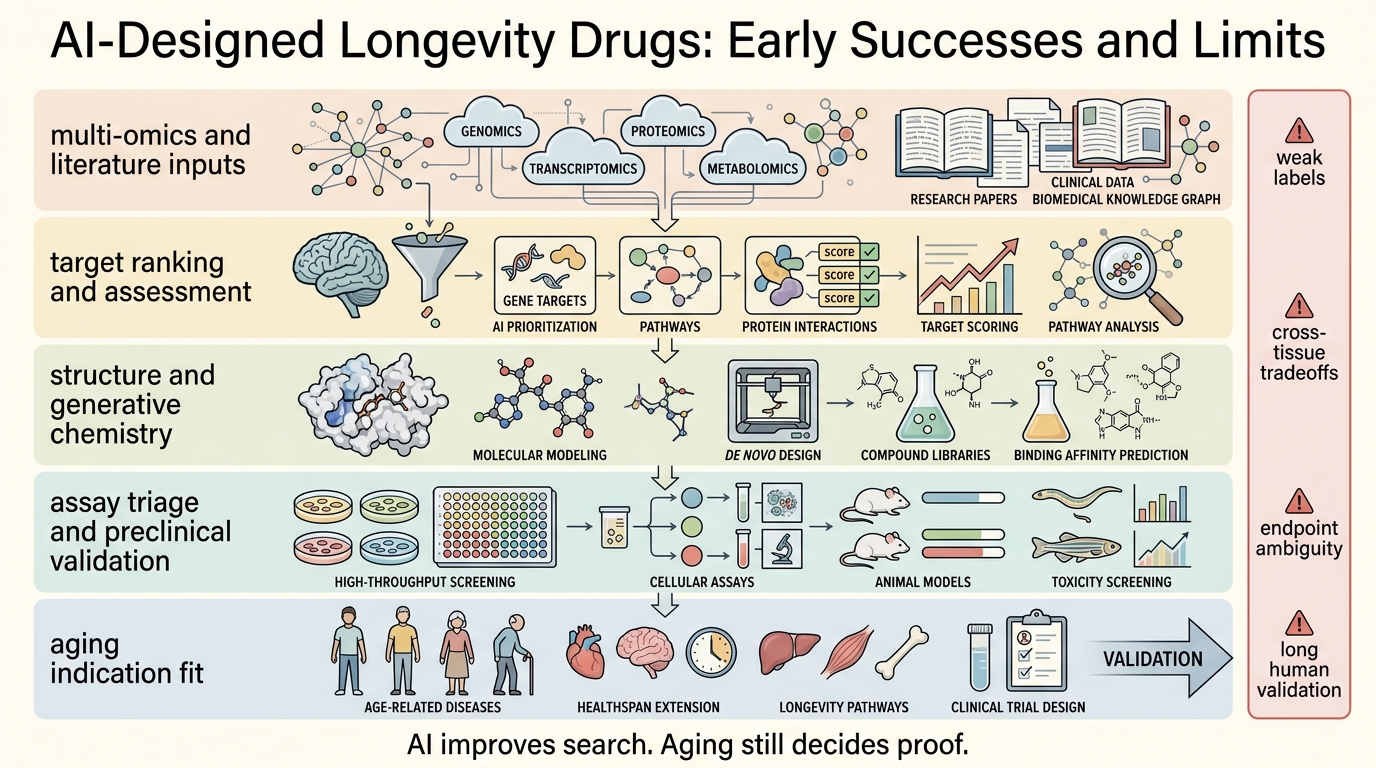 Editorial stack showing how AI helps with target assessment, structure reasoning, chemistry, and assay triage before aging programs hit clinical bottlenecks.