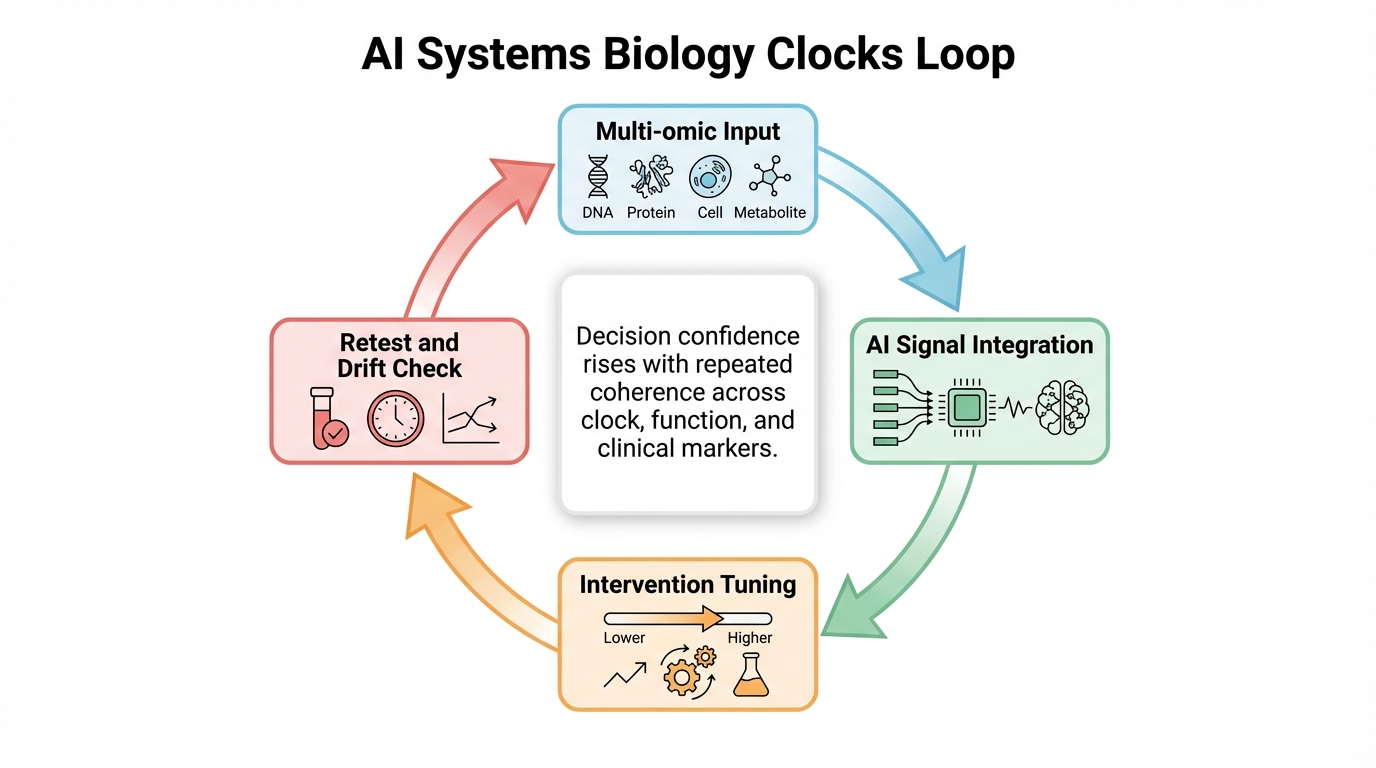 AI systems biology loop for biological age clocks and intervention decisions