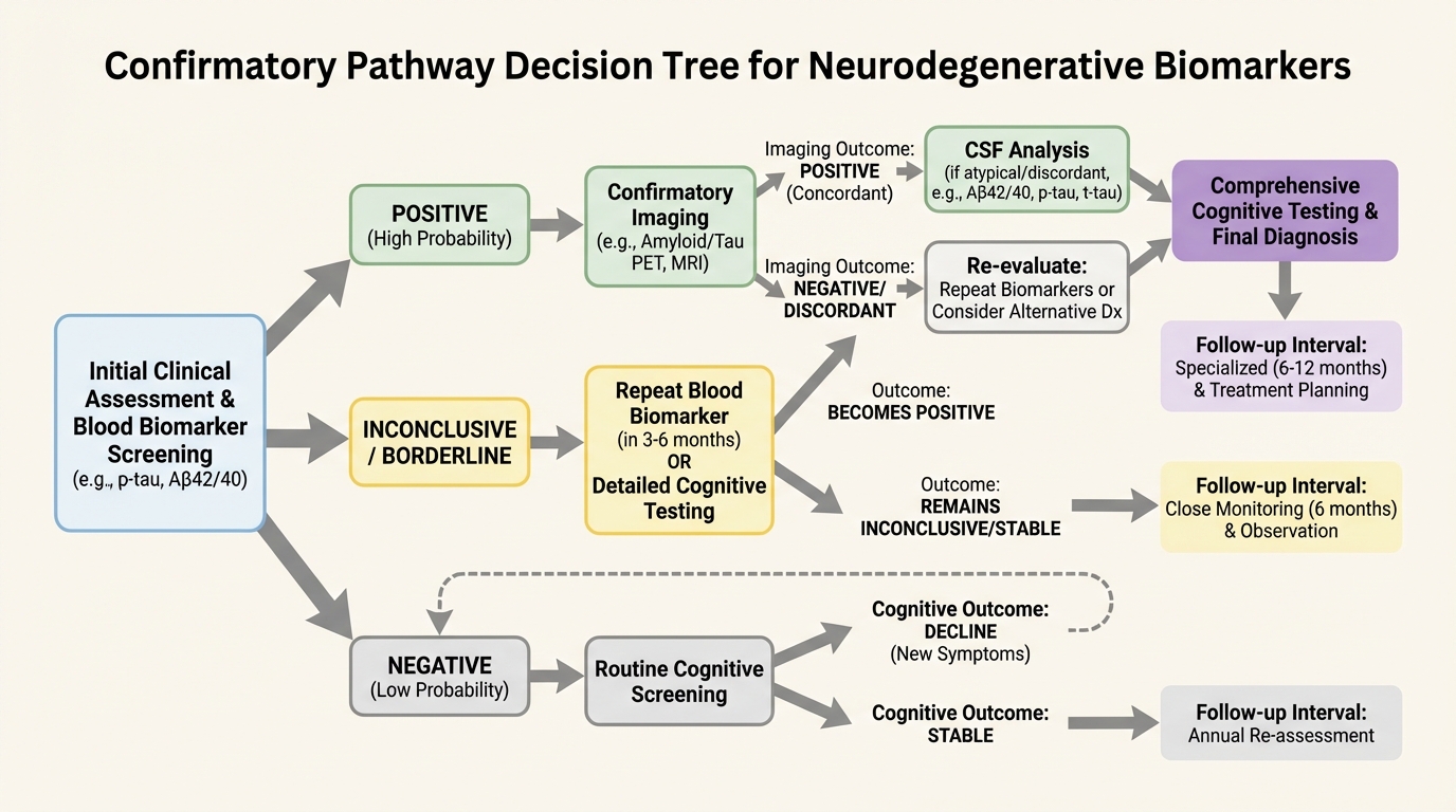 Decision tree from blood biomarker result to confirmatory testing and specialist referral.