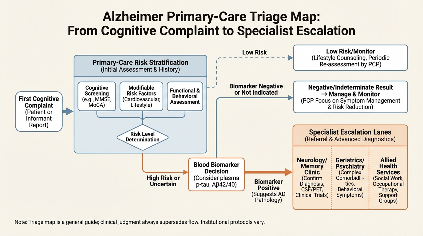 Primary care triage map for Alzheimer blood biomarkers, referral timing, and confirmatory pathways