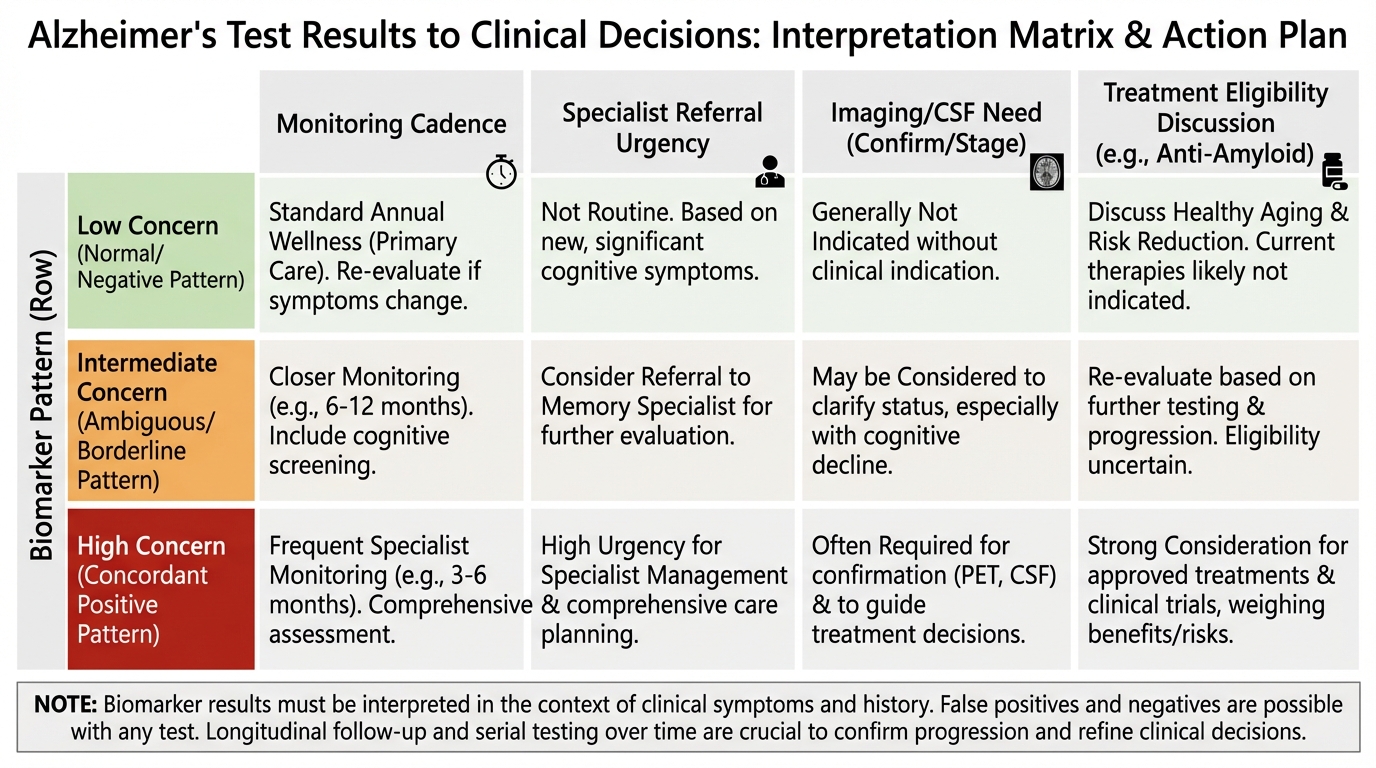 Clinical decision map linking Alzheimer’s blood test result categories to next diagnostic and treatment steps.