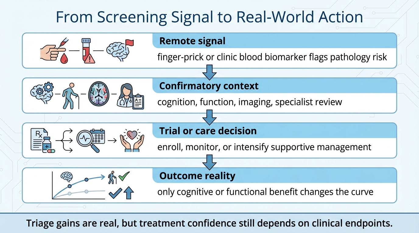 Four-step ladder from biomarker screening to confirmatory context, care decision, and real outcome reality.