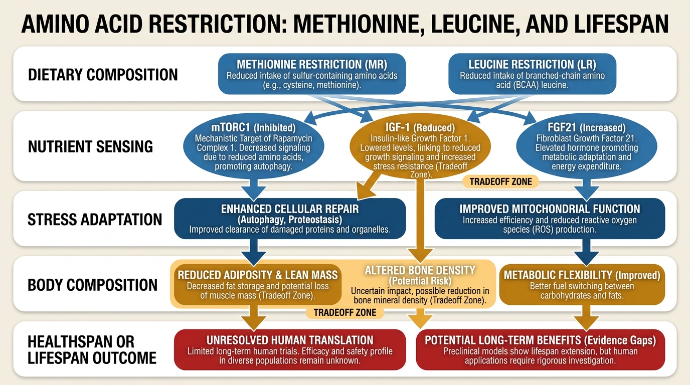 A LifeMeter analysis of what methionine and leucine restriction actually show in aging biology, where the animal signal is strongest, and why human translation remains narrow and conditional.