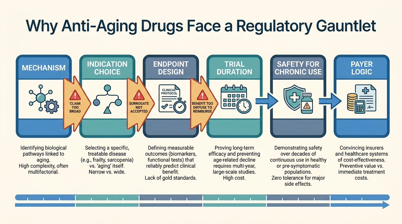 Editorial process map showing anti-aging drug development moving through indication choice, endpoint design, trial duration, safety burden, and reimbursement logic.