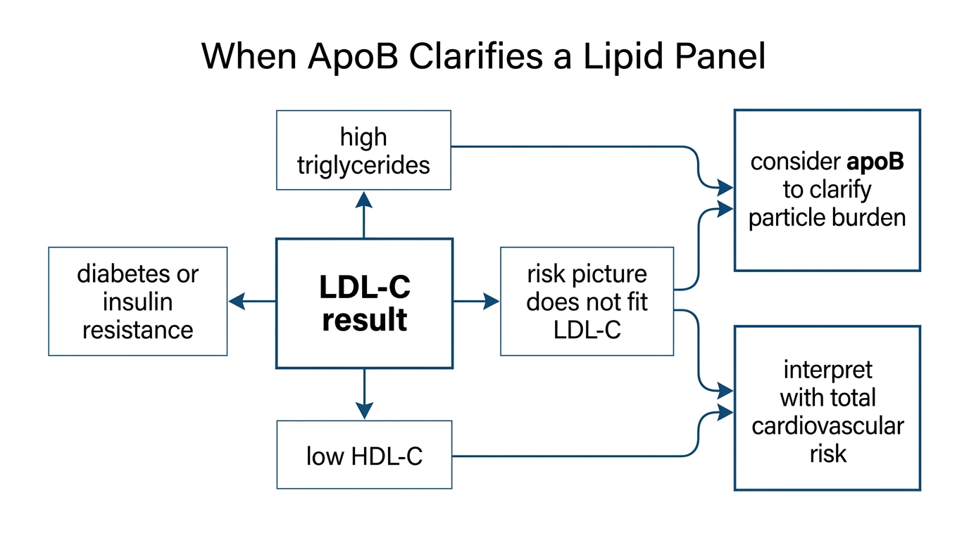 Decision map showing situations in which ApoB can clarify a lipid panel