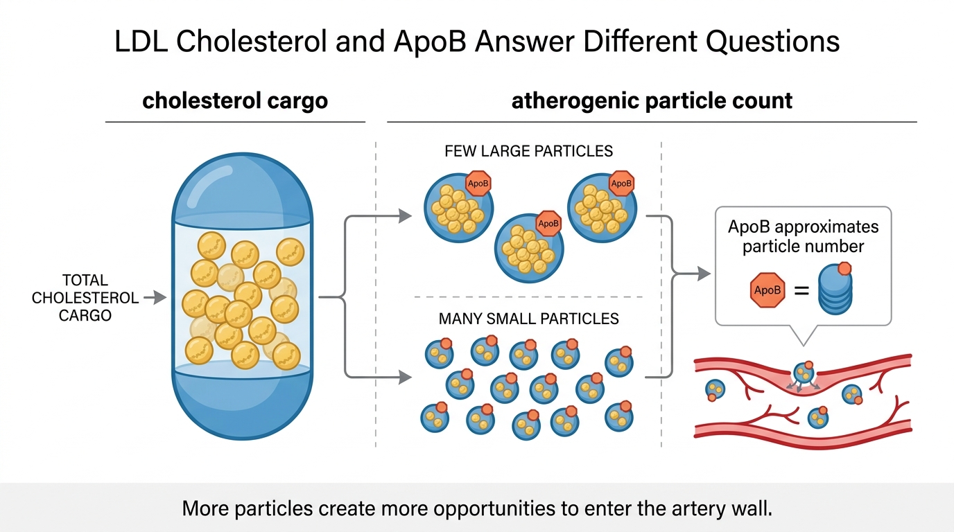 ApoB counts artery-entering particles while LDL cholesterol measures their cargo. Here is when that difference can clarify cardiovascular risk.