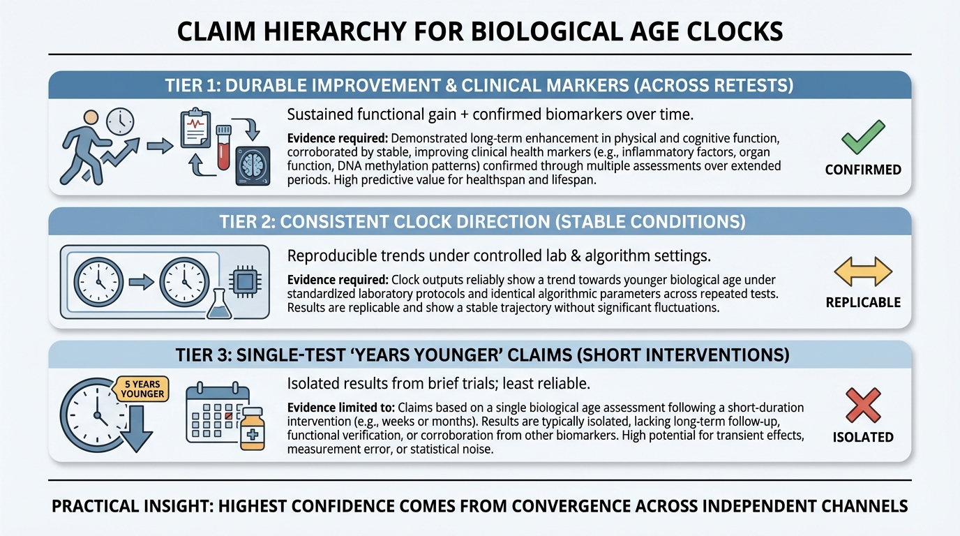 Claim hierarchy showing highest to lowest confidence when interpreting biological age clock changes.