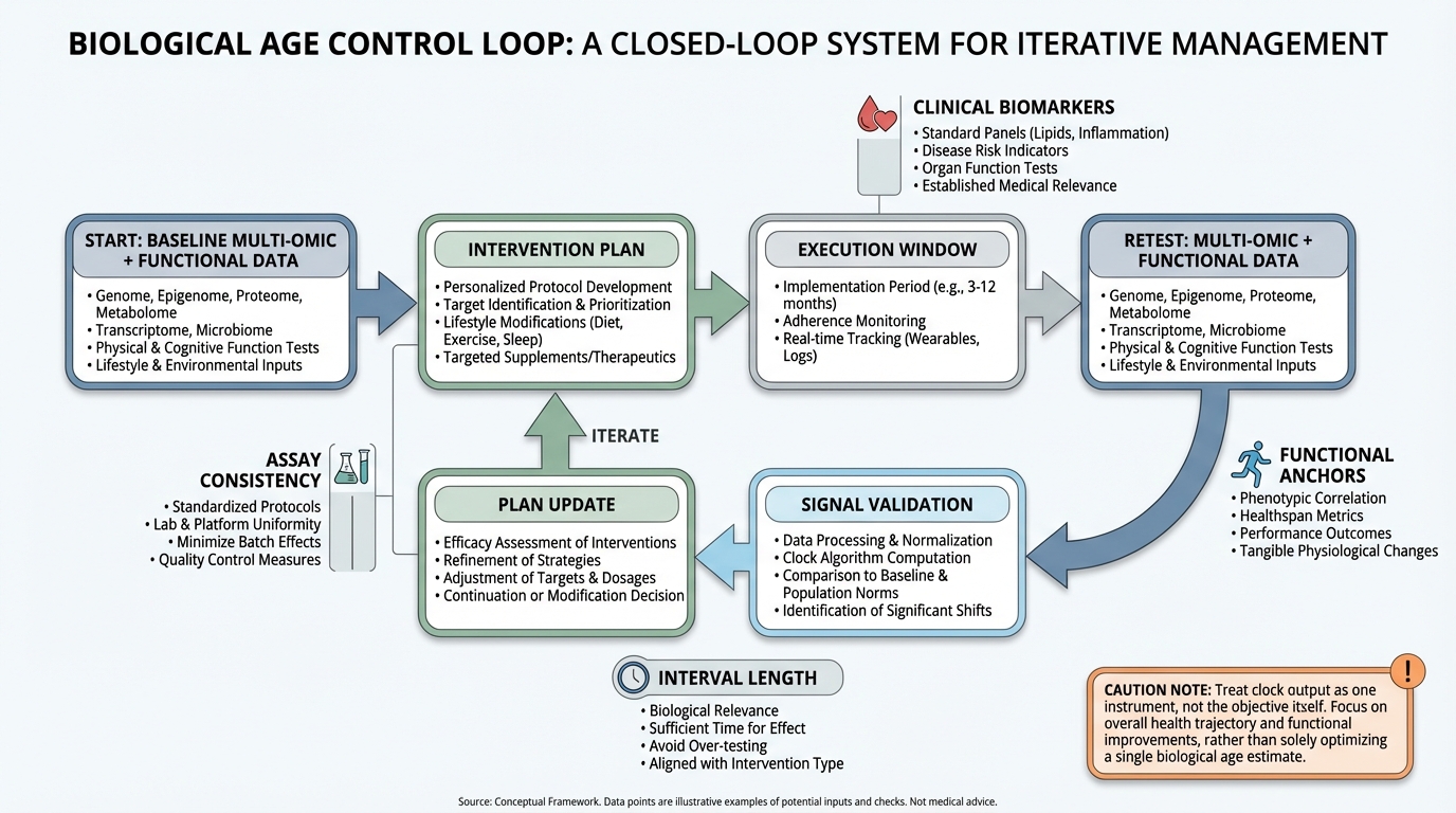 Control-loop diagram for using biological age clocks with functional and clinical outcomes