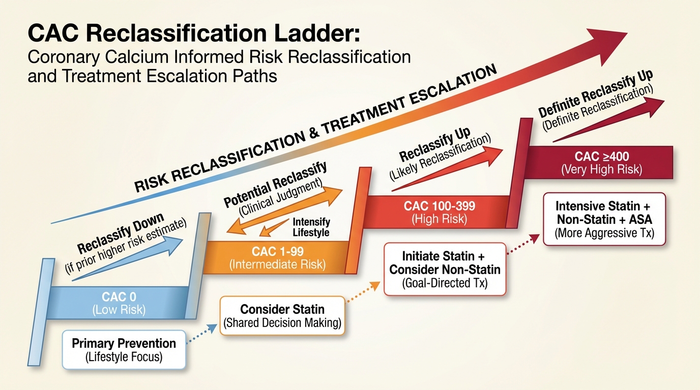 Decision ladder showing CAC-informed risk reclassification.