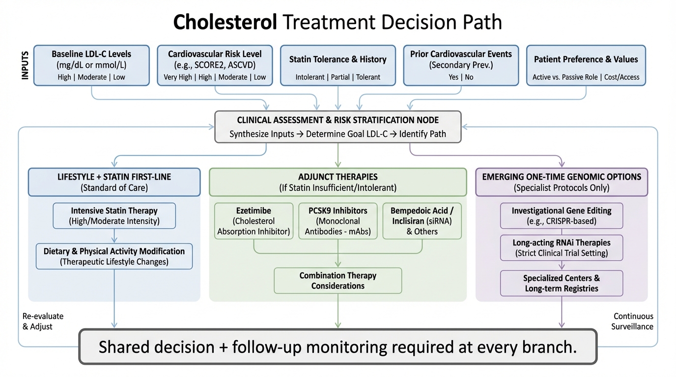 Treatment pathway graphic comparing statin-first care with potential future CRISPR candidate selection.