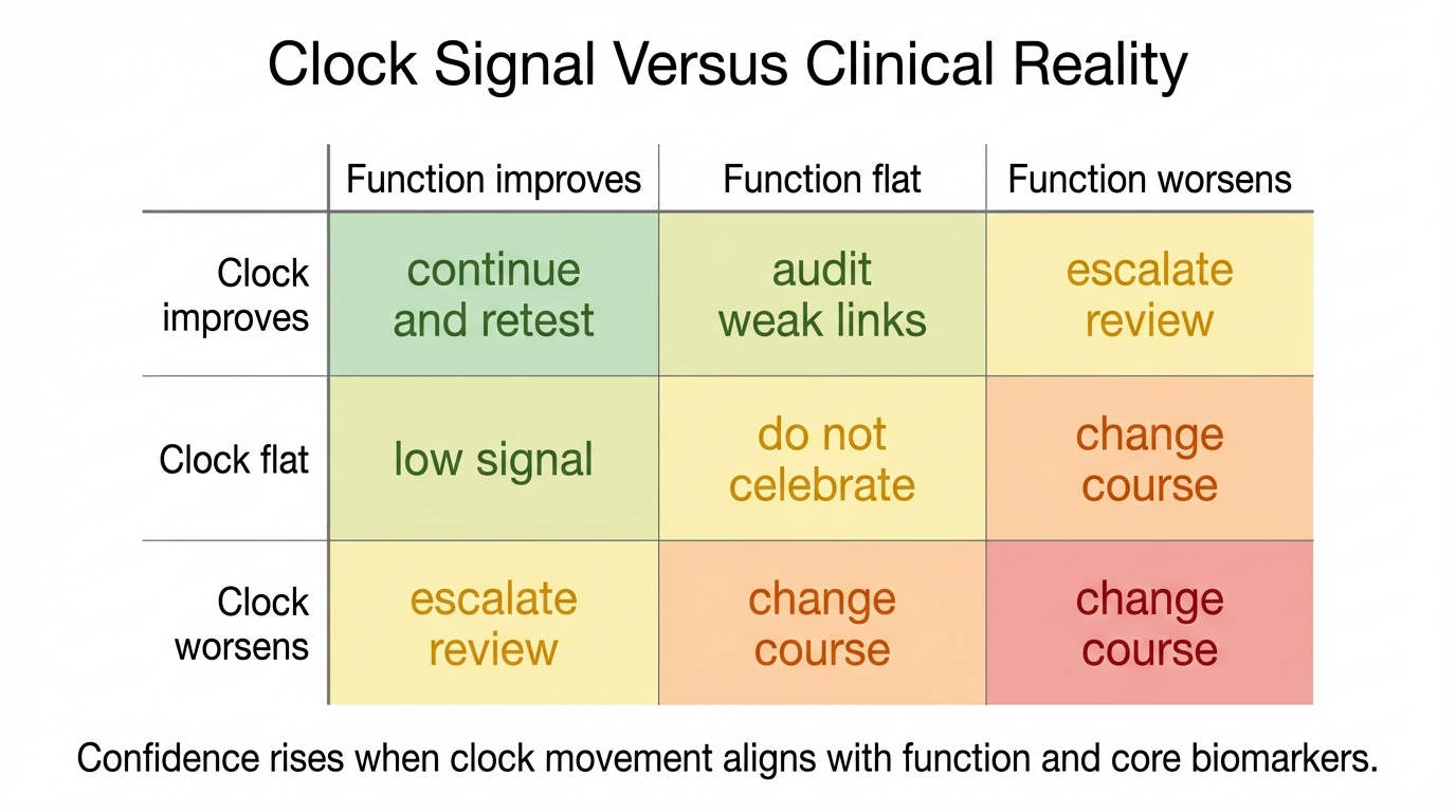 Decision grid showing how to interpret biological age clock movement when clinical function and core biomarkers either improve, stay flat, or worsen.