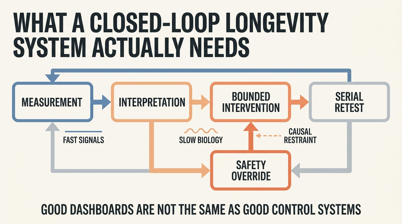 A 2026 LifeMeter analysis of what a serious closed-loop longevity system would require before measure-adjust-repeat becomes credible anti-aging practice.