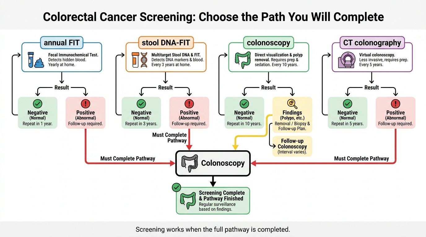 Decision map comparing colorectal screening tests and the follow-up after an abnormal result.
