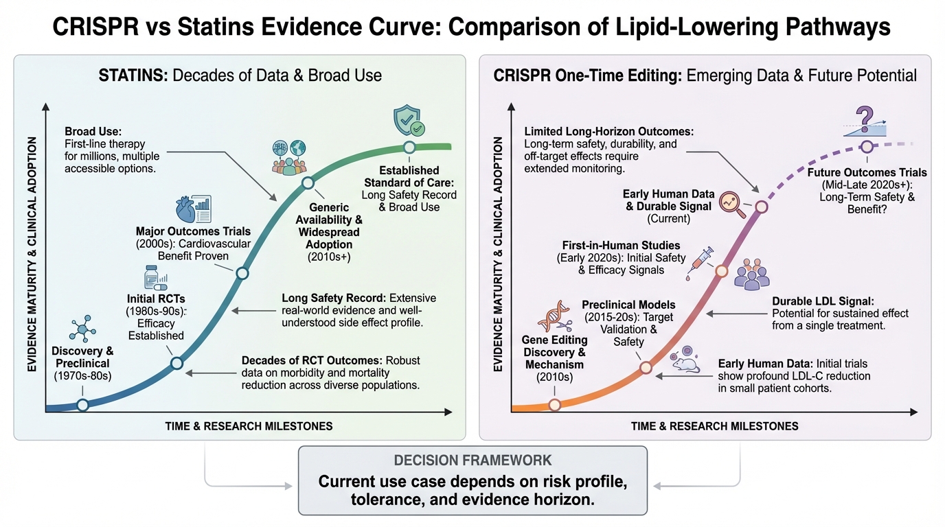 Comparison chart of evidence maturity for CRISPR one-time lipid therapy versus long-established statin therapy