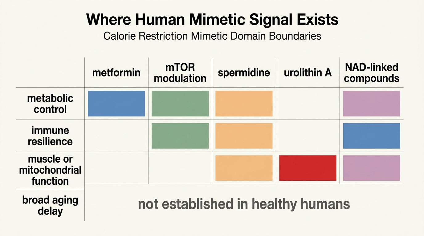 Matrix mapping metformin, mTOR modulation, spermidine, urolithin A, and NAD-linked compounds to bounded human domains rather than broad calorie-restriction replacement.
