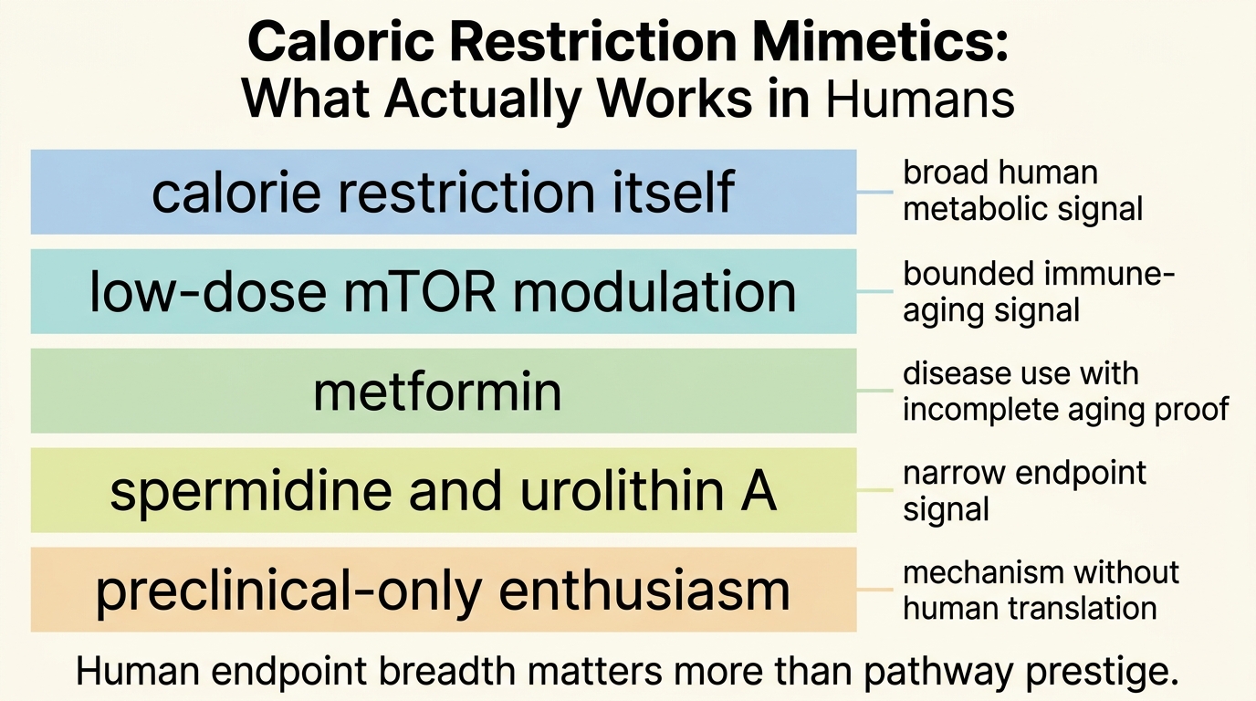 Evidence stack separating calorie restriction itself from bounded mimetic categories in humans.