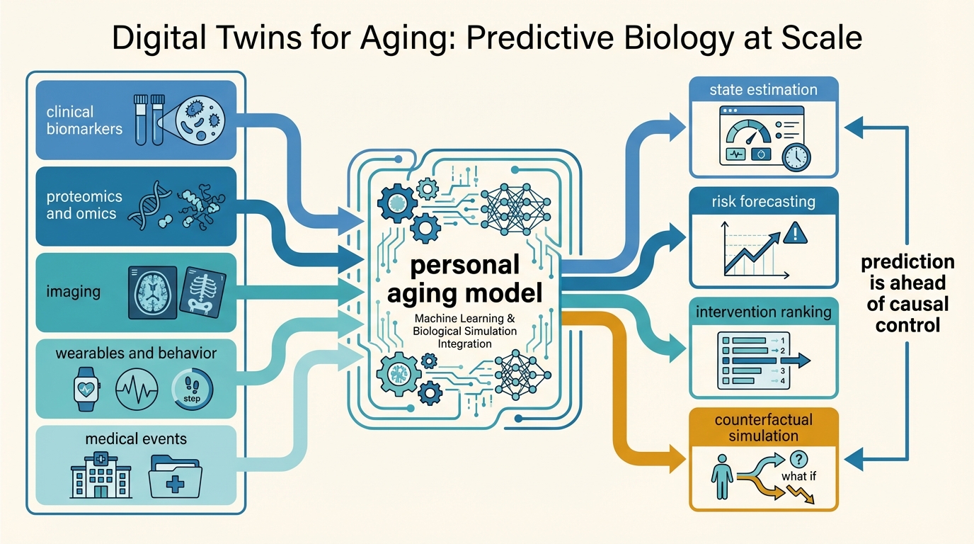 Systems map showing an aging digital twin as a layered stack combining longitudinal biomarkers, omics, imaging, wearable signal, and clinical events into prediction, simulation, and intervention ranking outputs.