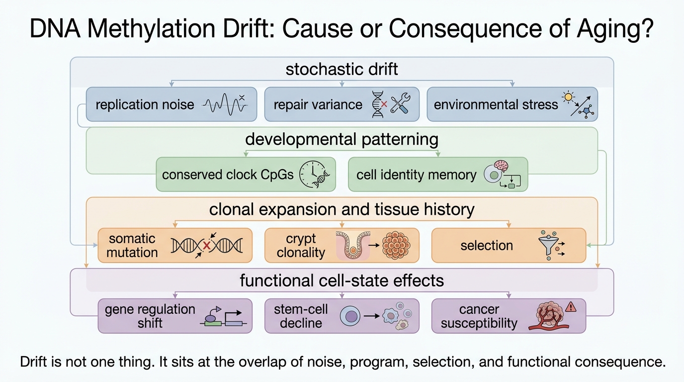 Layered map showing DNA methylation drift as a mix of stochastic noise, developmental patterning, clonal expansion, and functional cell-state effects across aging tissues.