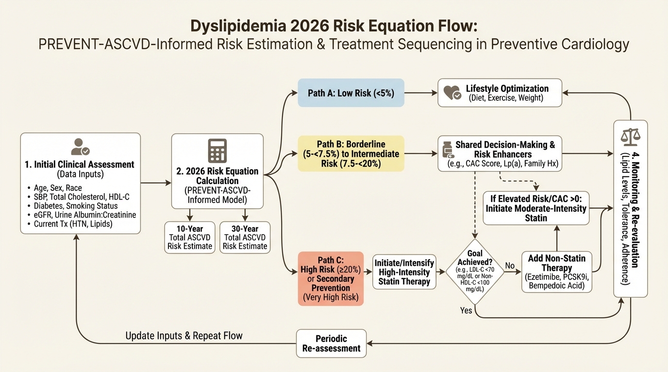 Flowchart linking PREVENT equations, apoB and Lp(a) interpretation, and CAC-based reclassification