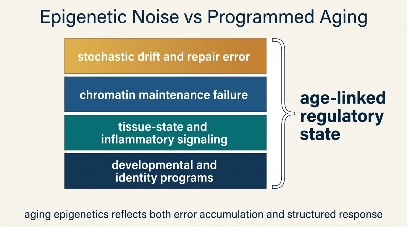 A 2026 LifeMeter analysis of whether age-linked epigenetic change reflects stochastic drift, coordinated tissue response, or a layered interaction between both.