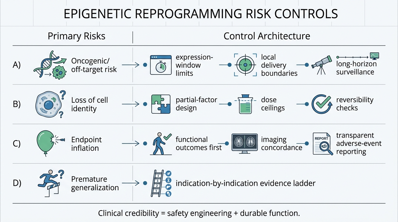 Infographic listing risk controls and regulatory readouts for epigenetic reprogramming human trials.
