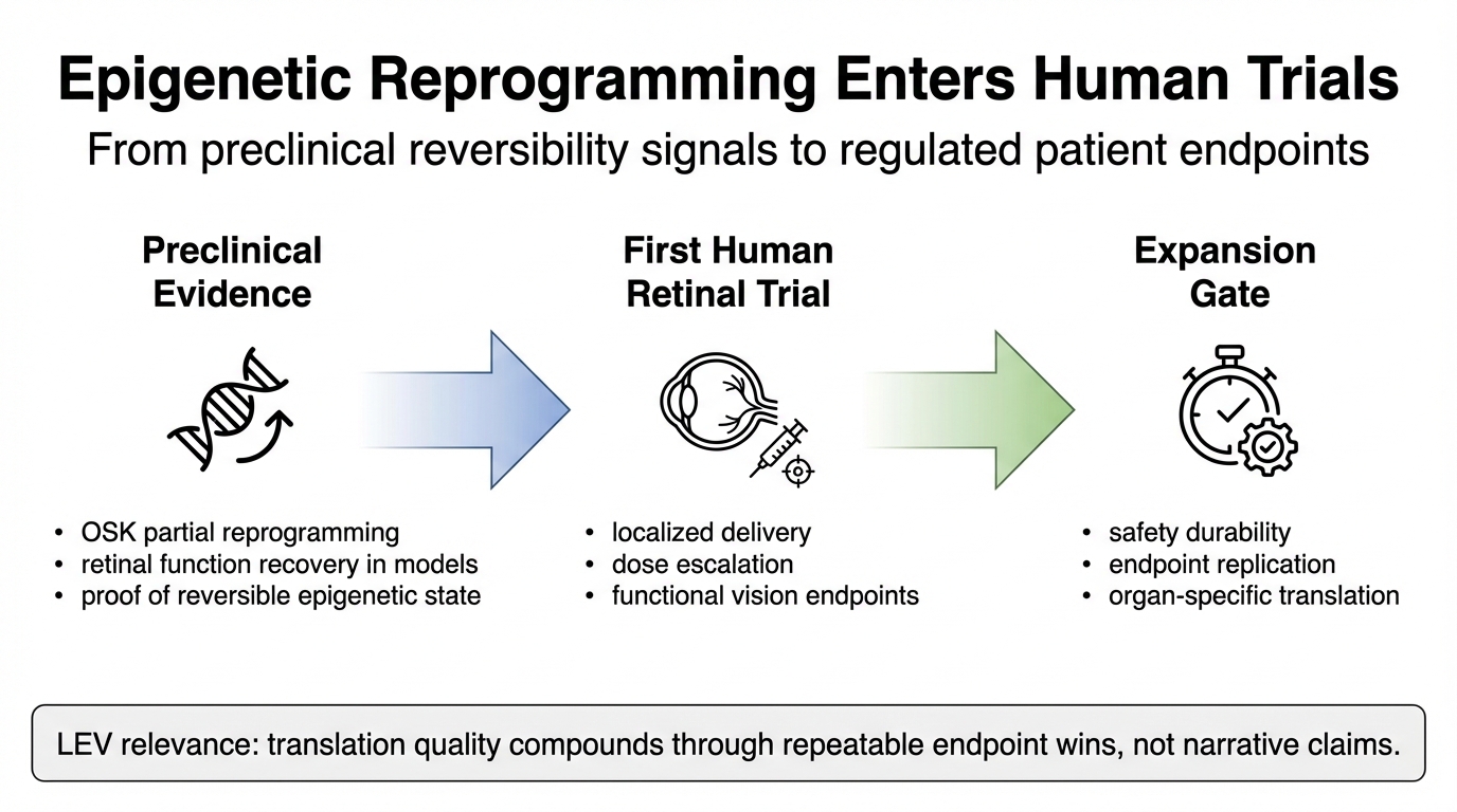 Infographic showing progression from preclinical partial reprogramming evidence to first human retinal trial