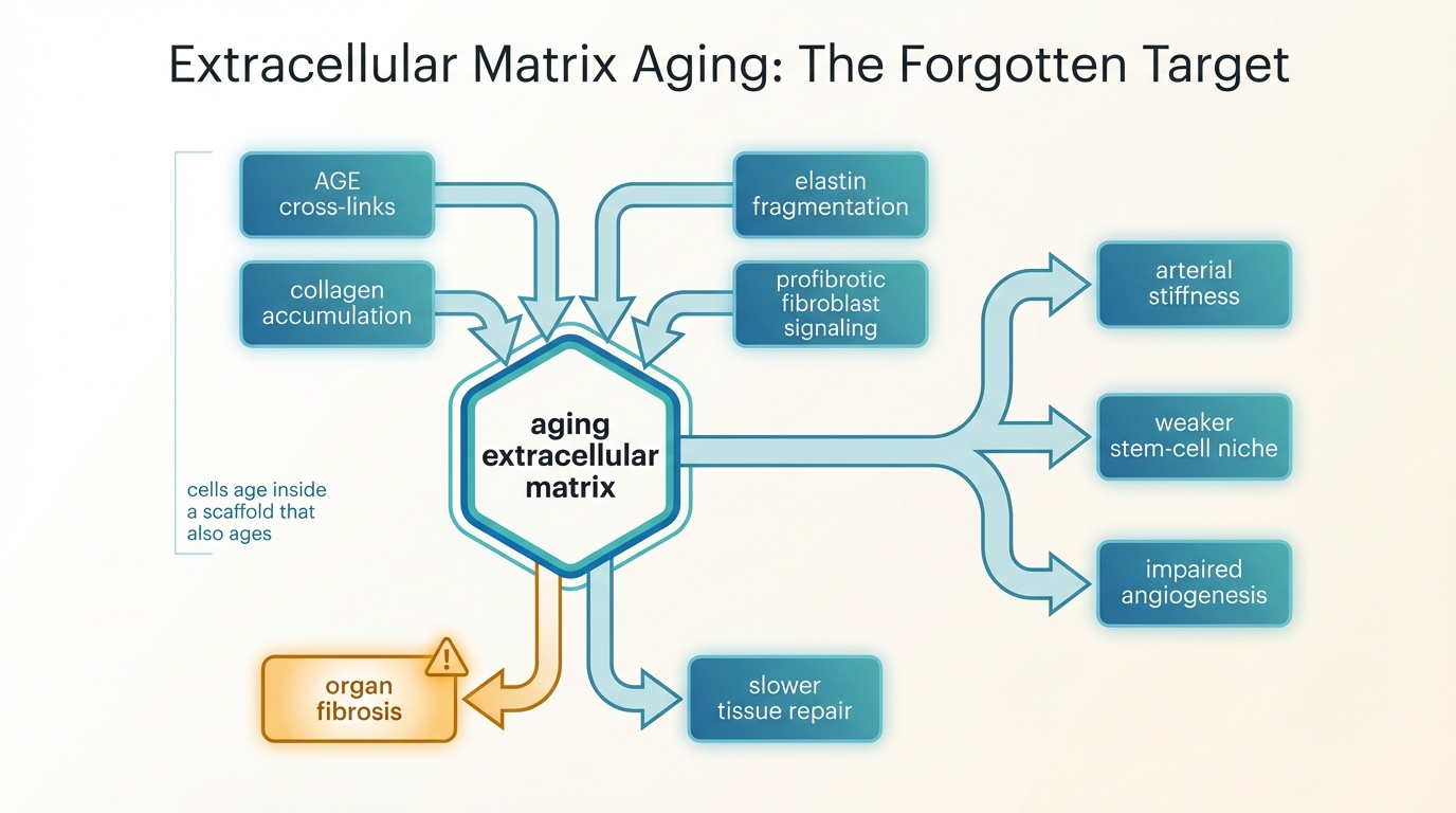 Systems map showing how collagen cross-linking, elastin fragmentation, fibrosis, and altered signaling in the extracellular matrix drive vascular stiffness, weak regeneration, and organ decline.