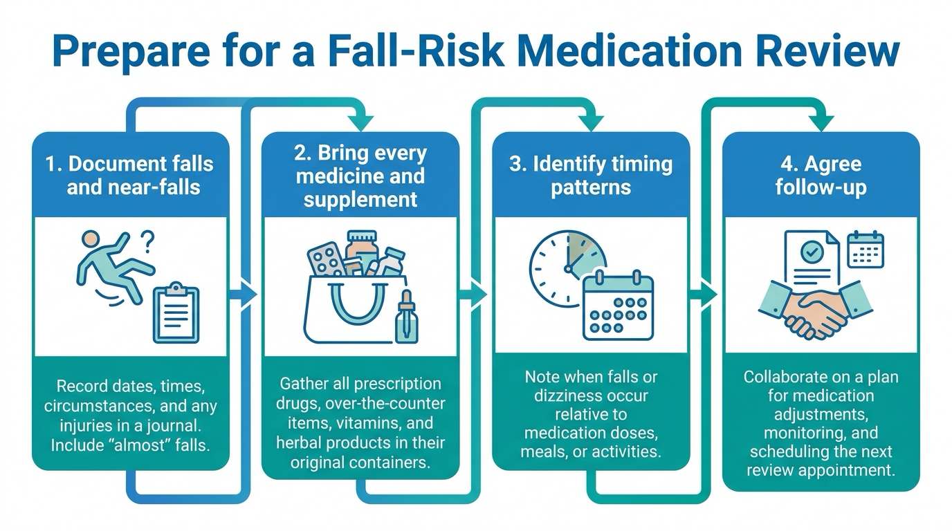 Four-step conversation plan: document falls, bring all medicines, identify timing patterns, and agree follow-up
