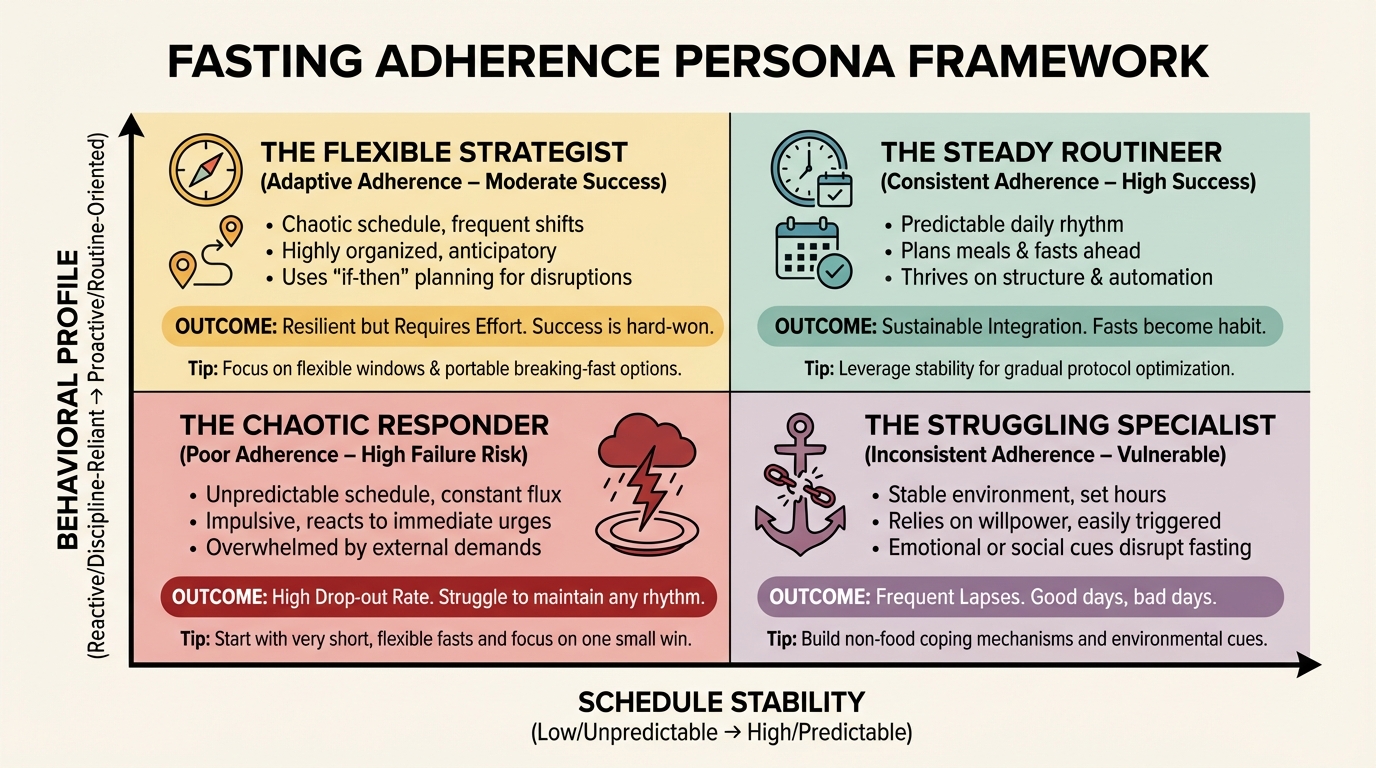 Adherence persona framework for selecting fasting or non-fasting dietary protocols.