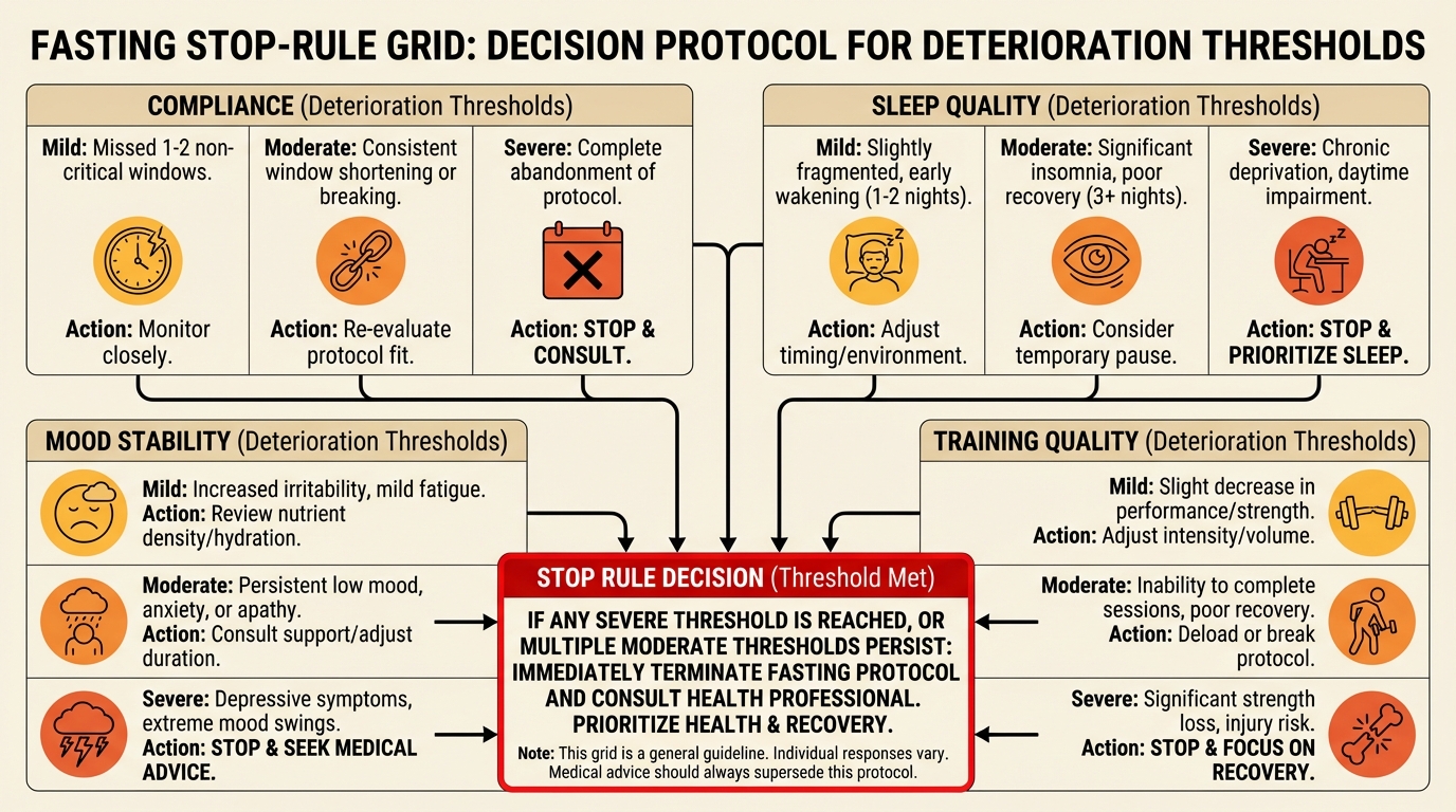 Decision grid for stop rules and protocol switching in intermittent fasting.