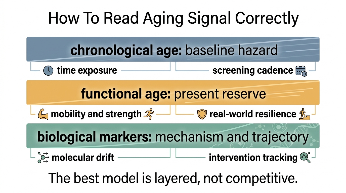 Decision stack comparing chronological age as background risk, functional age as present reserve, and biological markers as trajectory and mechanism signals.
